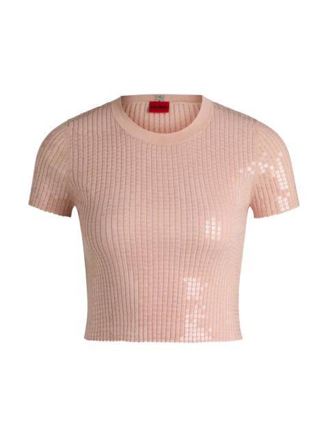 HUGO RIBBED SWEATER WITH TRANSPARENT SEQUINS IN SLIM FIT