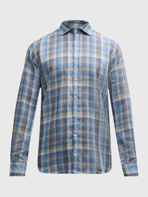 Men's Linen Check Casual Button-Down Shirt