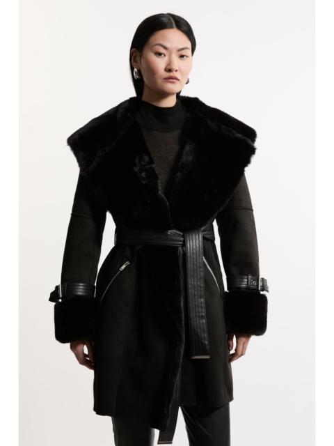 KAREN MILLEN Faux Shearling Collar & Cuff Belted Short Coat