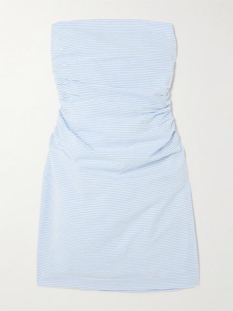 BERNADETTE Vera Strapless Ruched Striped Cotton-seersucker Mini Dress
