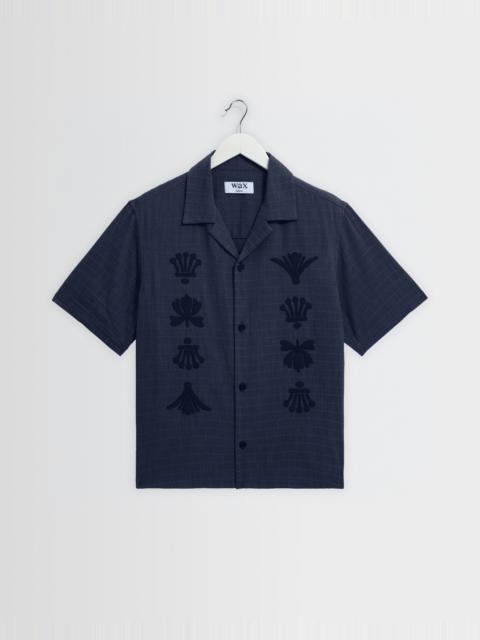 Wax London Curzon - Navy Grid Applique Short-Sleeve Shirt