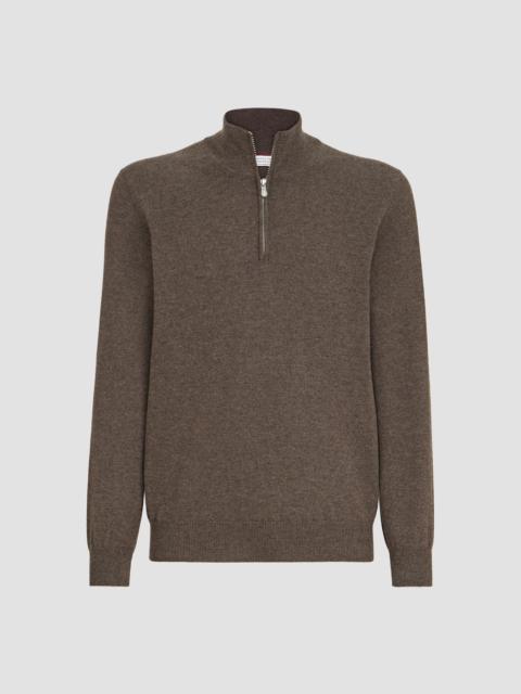 Brunello Cucinelli Men's Cashmere Sweater with Half Zip - Brown