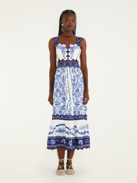 FARM RIO Off-White Porcelain Garden Cut-Out Lenzing Ecovero Euroflax Midi Dress