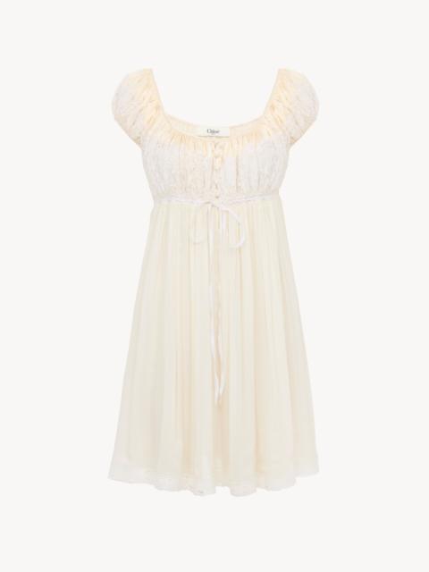 Chloé SHORT-SLEEVE MINI DRESS IN SILK MOUSSELINE & LACE