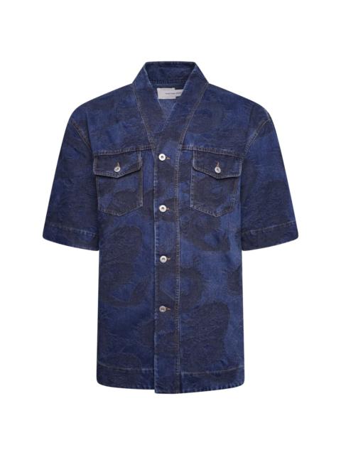 FENG CHEN WANG Dragon Jacquard Short-Sleeve Denim Shirt in Blue