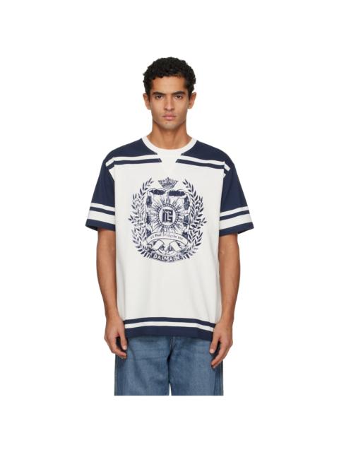 Balmain White & Navy Varsity 'Balmain' Écusson Print T-shirt