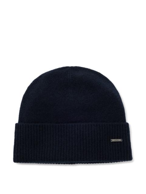 BOSS KNIT CASHMERE BEANIE WITH METAL LOGO PLAQUE