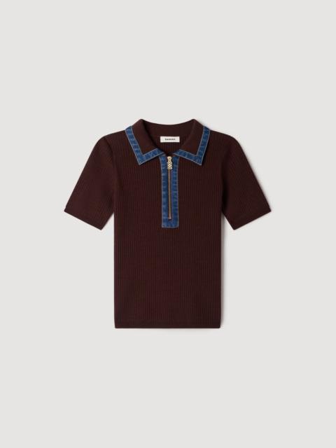 Sandro POLO SWEATER WITH DENIM COLLAR