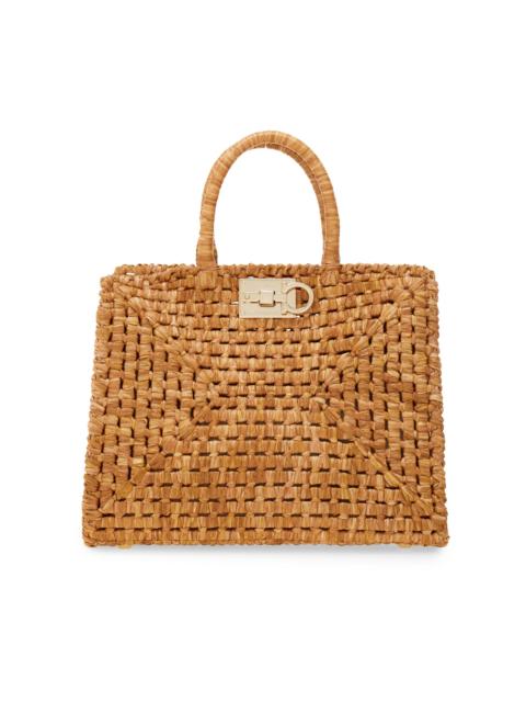 FERRAGAMO Women's Studio Box Open-Weave Raffia Top-Handle Bag - Naturale
