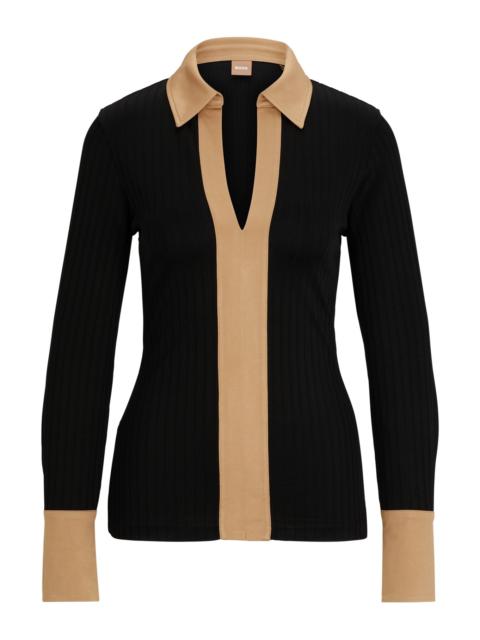 BOSS RIBBED LONG-SLEEVED BLOUSE WITH JOHNNY COLLAR