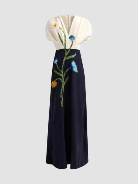LELA ROSE Women's Floral-Embroidered Crepe V-Neck Gown - Ivory Navy