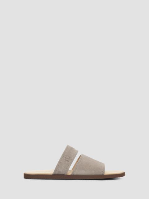 Brunello Cucinelli Men's Suede Open-Toe Slide Sandals - Grey