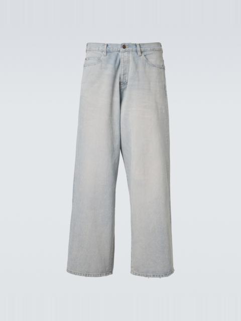 BALENCIAGA Leather-trimmed wide-leg jeans