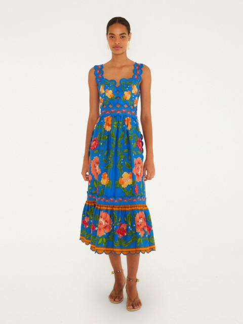 FARM RIO Bright Blue Rococo Flowers Lenzing Ecovero Euroflax Midi Dress