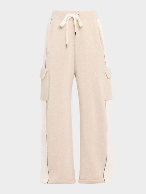Brunello Cucinelli Cashmere Rib Wide-Leg Cargo Sport Pants