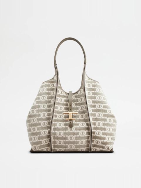 Tod's T TIMELESS SHOPPING BAG IN FABRIC AND LEATHER MEDIUM - GREY, OFF WHITE