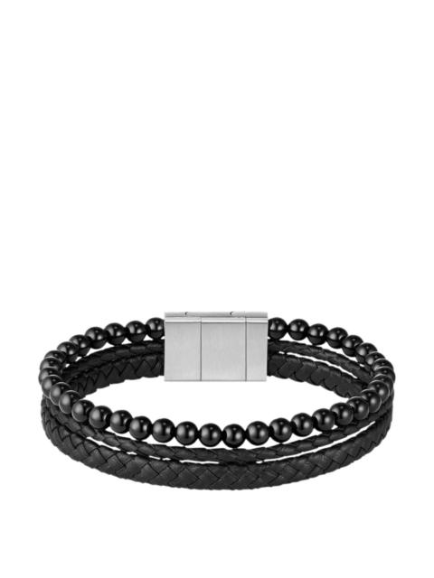 BOSS CUFF WITH BRAIDED BLACK LEATHER AND BEADS