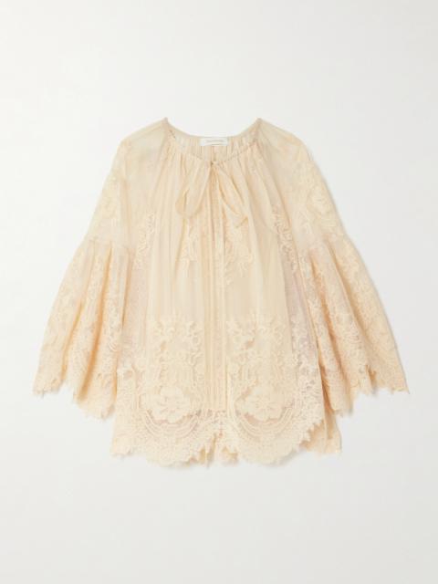 Zimmermann Hypnotic Tie-neck Flocked Lace Blouse