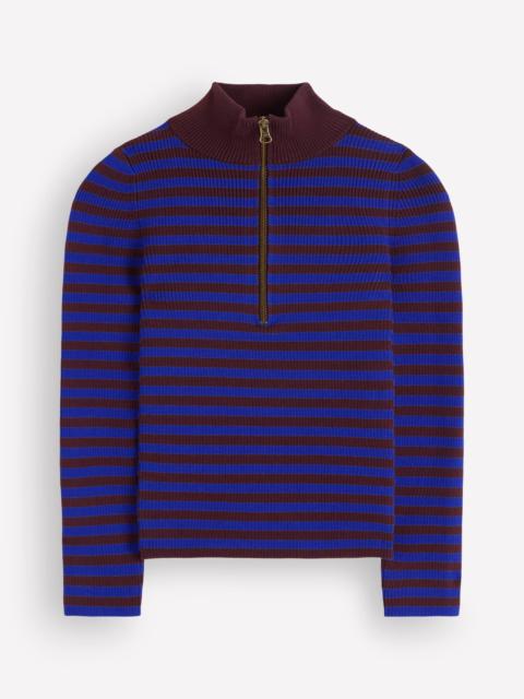 BODEN Zelda Half-Zip Ribbed Sweater-Bright Blue, Chestnut Stripe