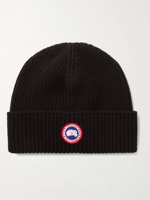 Canada Goose Logo-Appliquéd Ribbed Merino Wool Beanie Black