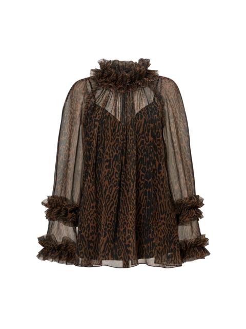 CAROLINA HERRERA Ruffle-Trimmed Leopard Print Chiffon Top print