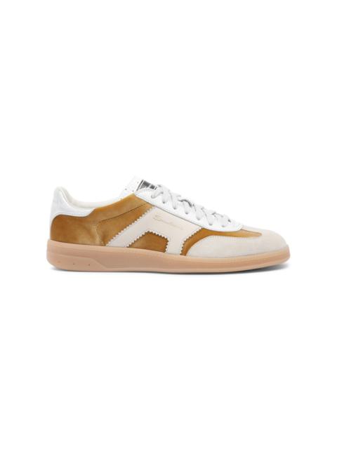 Santoni Women's gold and beige velvet, suede and leather DBS Oly sneaker