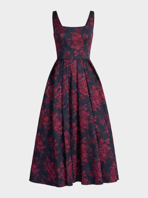 MAC DUGGAL Pleated Square-Neck Floral Brocade Midi Dress