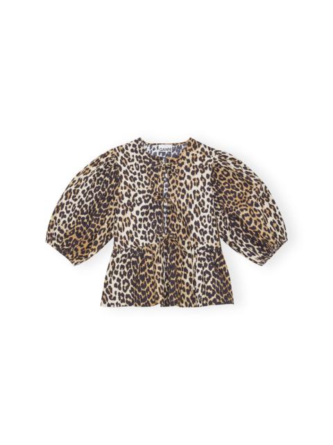 LEOPARD COTTON POPLIN PEPLUM TIE BLOUSE