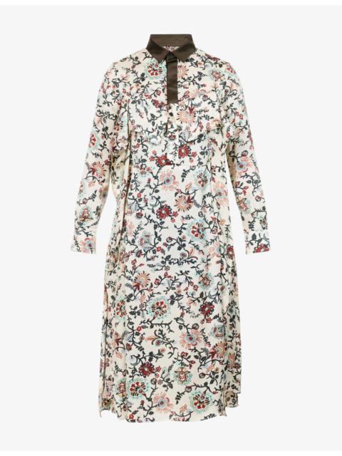 sacai Florla-Print Satin-Collar Woven Midi Dress
