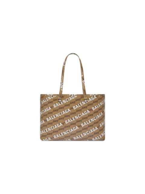 BALENCIAGA Women's Signature Medium East-west Shopper Bag Bb Monogram Coated Canvas And Allover Logo  in Beige