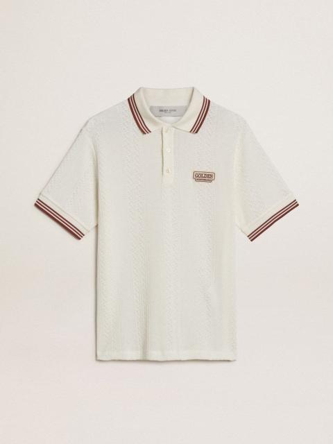 Golden Goose Men's polo shirt in white perforated knit with burgundy striped details