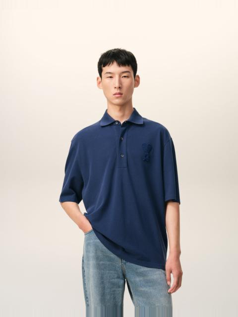 AMI Paris BLUE COTTON AMI DE COEUR KNITTED PATCH POLO