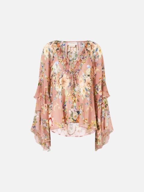 CAMILLA LACE UP V NECK BLOUSE WITH CASCADE RUFFLES CHAMBER OF BLOOMS