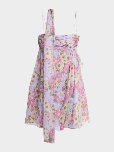 Valentino Floral Silk Georgette Mini Babydoll Dress With Neck Scarf