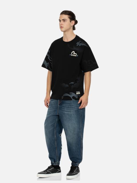 EVISU WHEEL OF WISDOM PRINT WIDE LEG DENIM JOGGERS