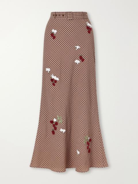 BERNADETTE Chuck belted bead-embellished checked wool maxi skirt Brown