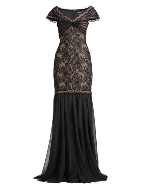 TADASHI SHOJI Women's Lace Chiffon Mermaid Gown - Black Tan
