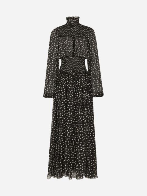 Dolce & Gabbana Chiffon midi dress with smock stitching and micro-polka dot print