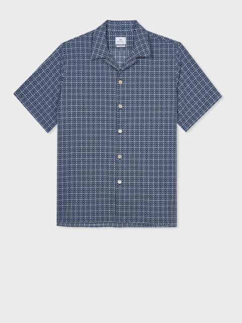 Blue Cotton Cross-Stitch Short-Sleeve Shirt
