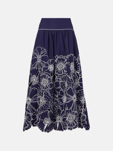 FARM RIO Embroidered floral cotton midi skirt