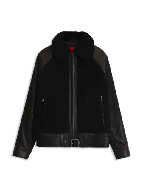 HUGO BELTED LEATHER JACKET WITH SHEARLING PANELS