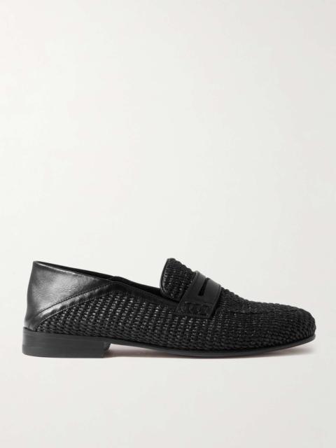 Manolo Blahnik Padstow Collapsible-Heel Leather-Trimmed Raffia Loafers