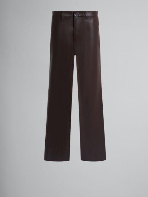 BROWN WOOL AND COATED FABRIC TROUSERS