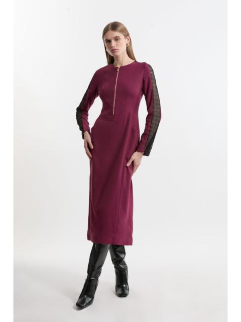 KAREN MILLEN Tailored Twill Lace Mix Zip Front Midi Dress