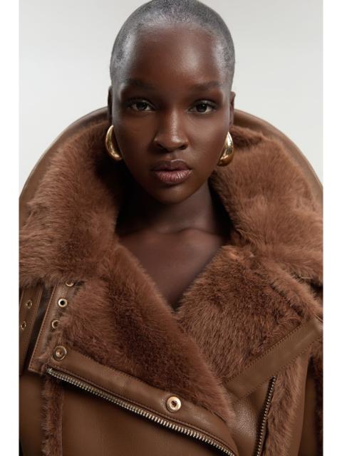 KAREN MILLEN Faux Fur High Neck Belted Biker Coat