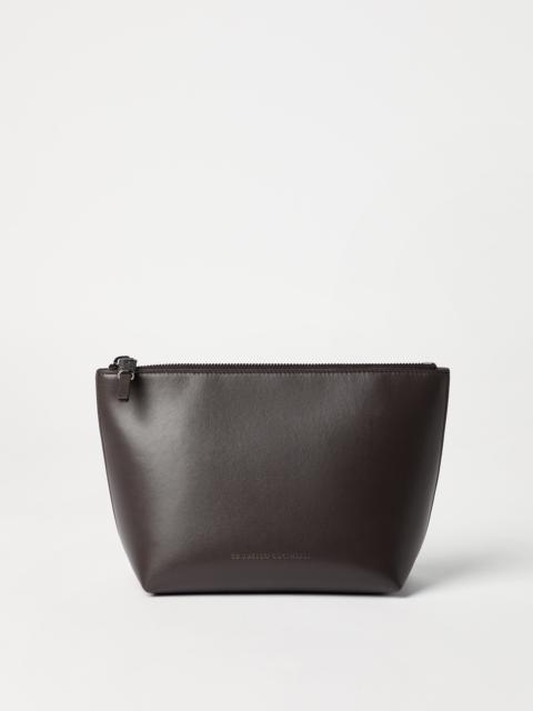 Calfskin pouch with shiny zipper pull