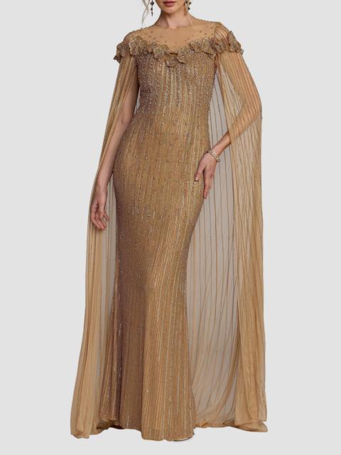 MAC DUGGAL Women's Floral Beaded Mesh Cape Gown - Beige Gold