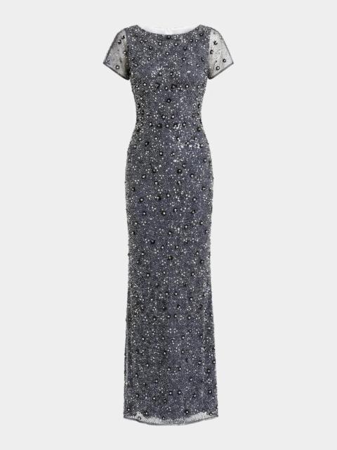 MAC DUGGAL Beaded Sheer-Sleeve Column Gown