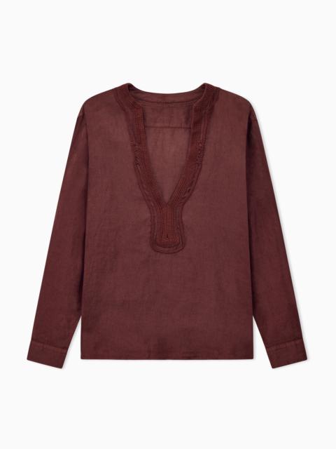 EMPORIO ARMANI GARMENT-DYED LINEN V-NECK SHIRT WITH TRIM