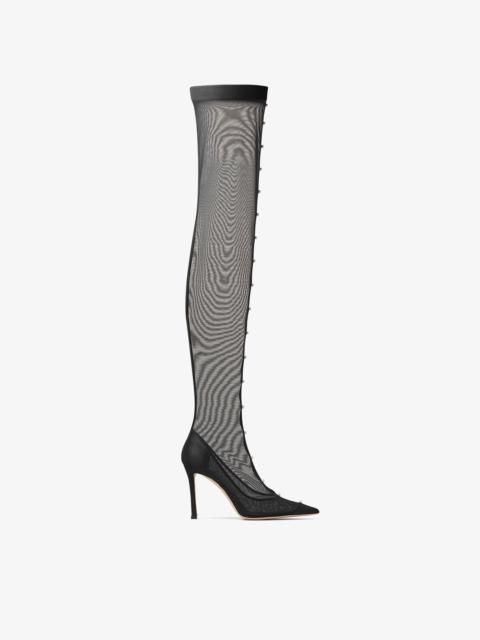Psyche Over The Knee 95
Black Stretch Mesh Over-The-Knee Boots with Pearls